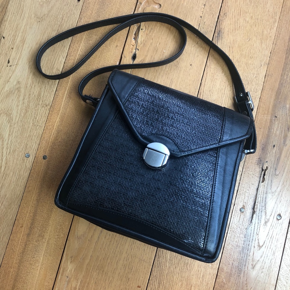 Black Leather Woven Accent Panel Shoulder Bag